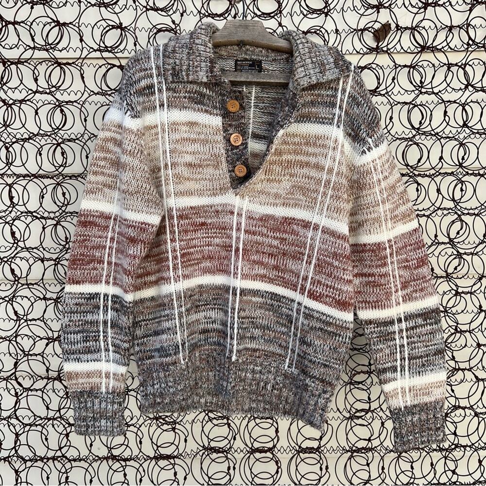 Vintage 70s JCPenney tan cream gray brown checkerboard knit henley sweater